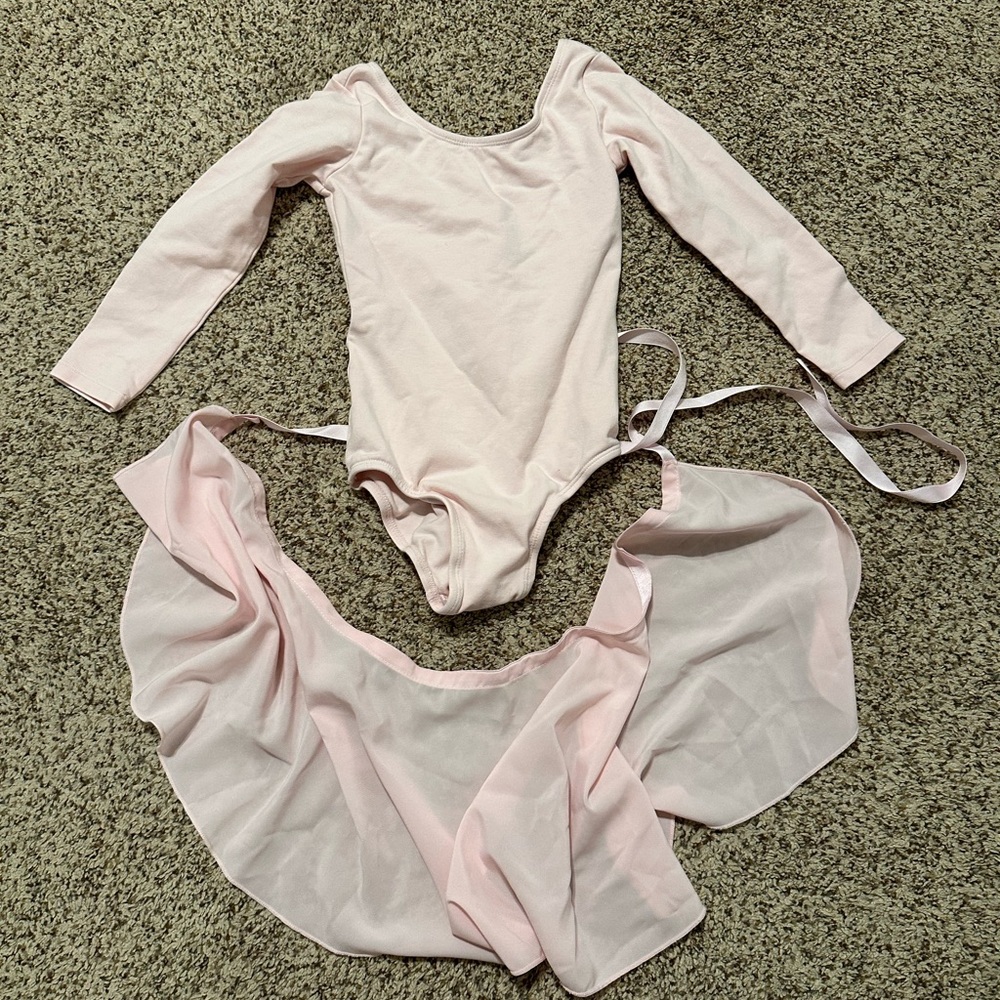 Kids XS Pink Long Sleeve Leotard with Skirt and Ballet Slippers
